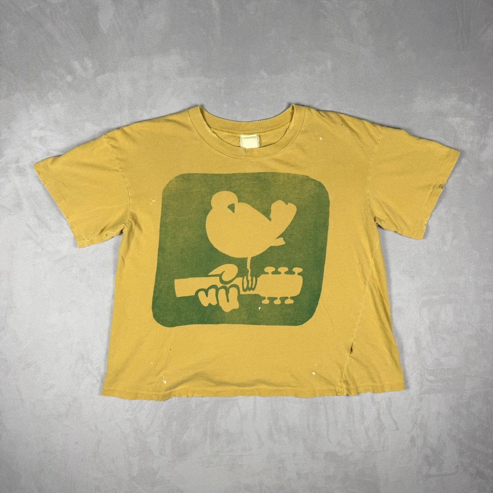 Y2K Womens Woodstock Graphic Baby Tee Distressed Faded Yellow Large